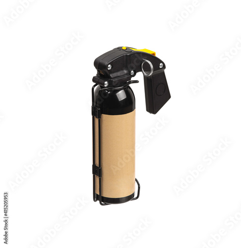 Large spray can with isolate on a white back. Black spray bottle with colored button. Pepper spray for self defense.