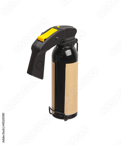 Large spray can with isolate on a white back. Black spray bottle with colored button. Pepper spray for self defense.