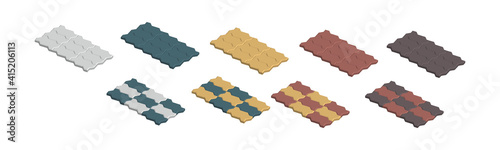 Isometric vector illustration concrete paver blocks isolated on white background. Realistic colorful street paving slabs icon in flat cartoon style. Pavement floor bricks. Street tiles.