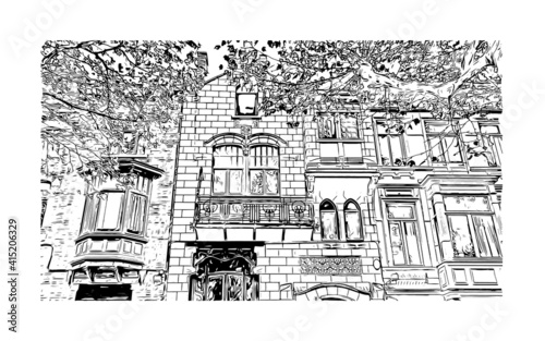 Building view with landmark of Ghent is a port city in northwest Belgium. Hand drawn sketch illustration in vector.
