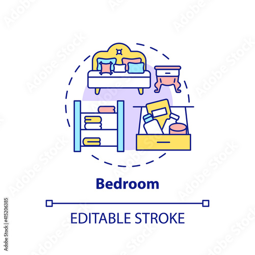 Bedroom concept icon. Spring-cleaning idea thin line illustration. Room for sleep and relax. Airing room. Decluttering and cleaning service. Vector isolated outline RGB color drawing. Editable stroke