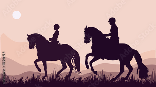 isolated realistic black silhouettes of two riders  sports  romantic walk
