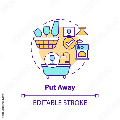 Put away concept icon. Using container for items idea thin line illustration. Proper storage space. Decluttering of house. Vector isolated outline RGB color drawing. Editable stroke