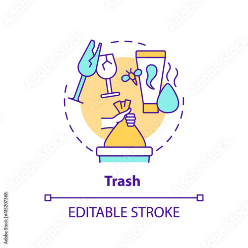 Trash concept icon. Throwing things up idea thin line illustration. Sorting and tossing things in house. Decluttering and mess. Vector isolated outline RGB color drawing. Editable stroke