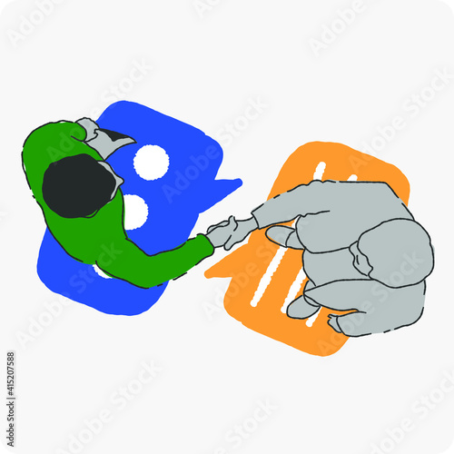 Overhead top view on two businessman shaking hands. Standing on chat bubbles meaning messaging concept deal. Rough edges style, hand-drawn, unique. Green, blue and orange colors. 