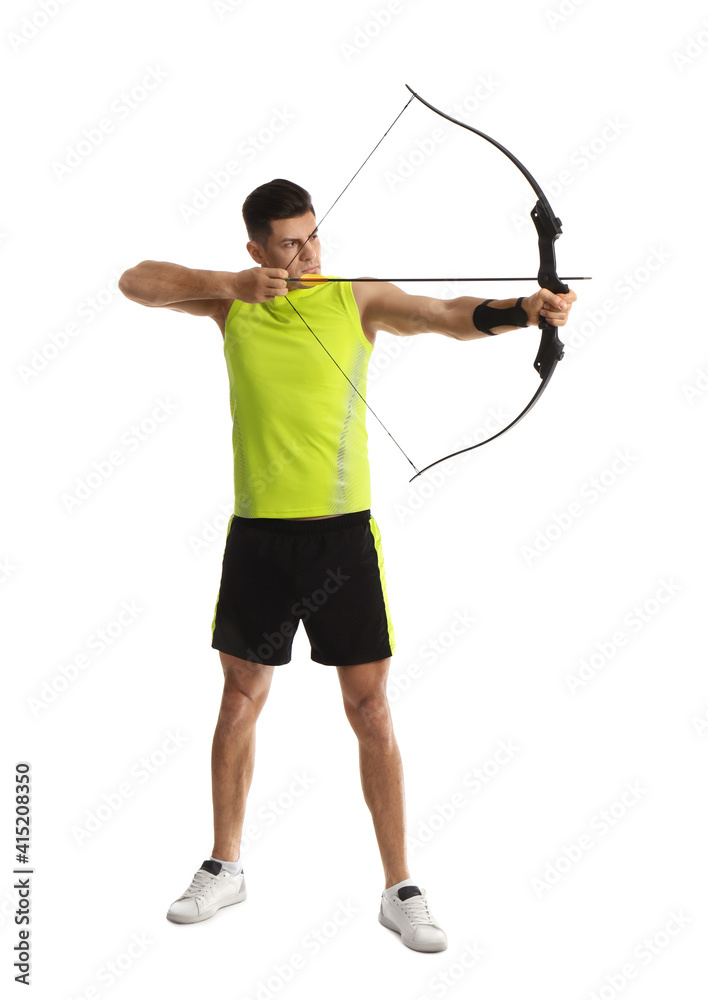 Obraz premium Man with bow and arrow practicing archery on white background