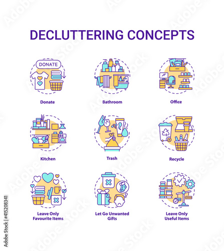 Decluttering concept icons set. Donate and recycle idea thin line RGB color illustrations. House and apartment. Leave necessary things. Vector isolated outline drawings. Editable stroke