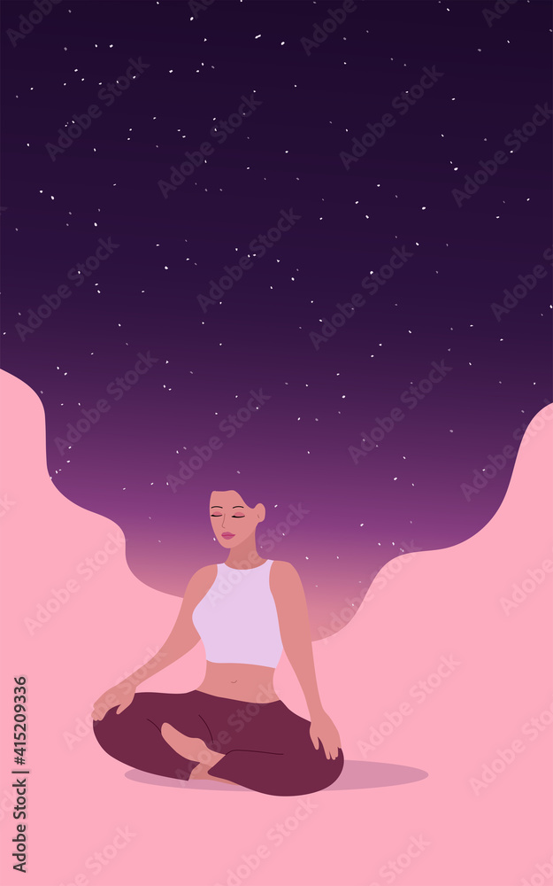 Meditating woman sitting with crossed legs. Long hair flowing with a purple starry sky background. Mindfulness, relaxing concept illustration.  