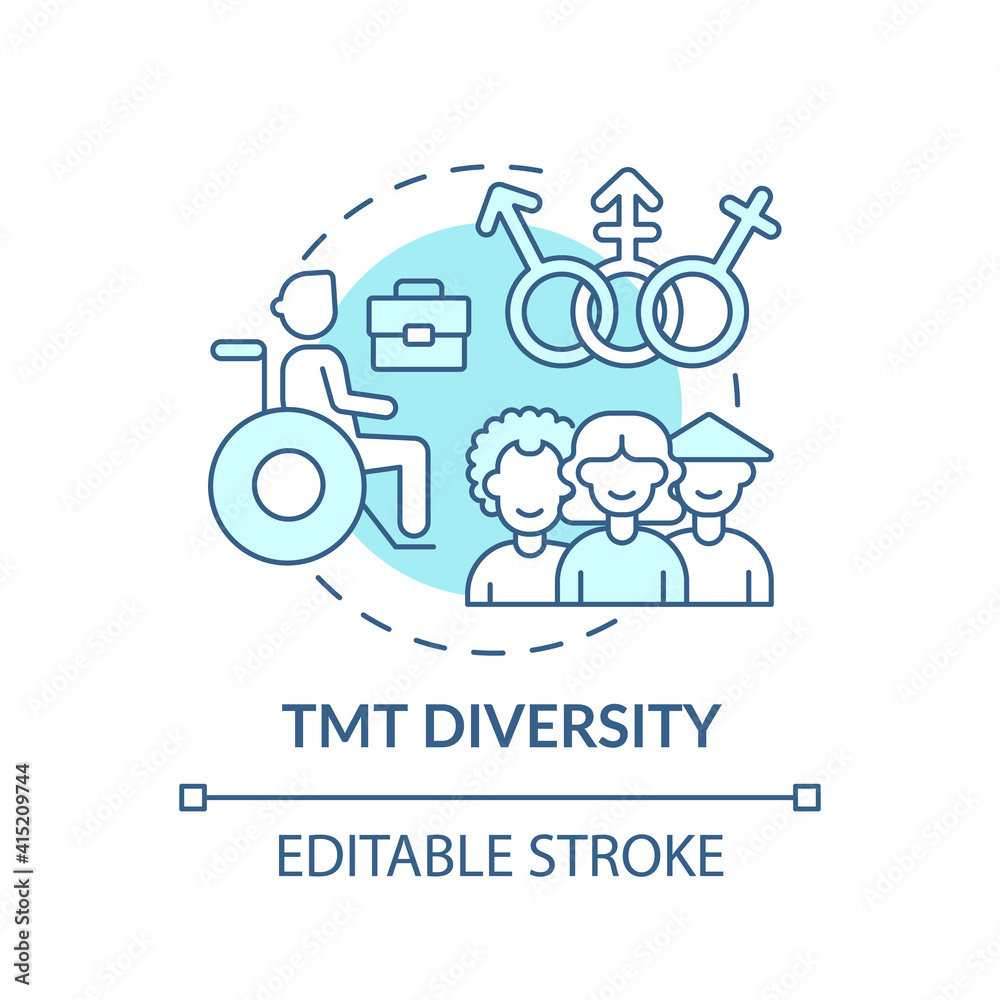 Tmt diversity concept icon. Top management team analysis criteria. People with various racial cultures. Employee idea thin line illustration. Vector isolated outline RGB color drawing. Editable stroke