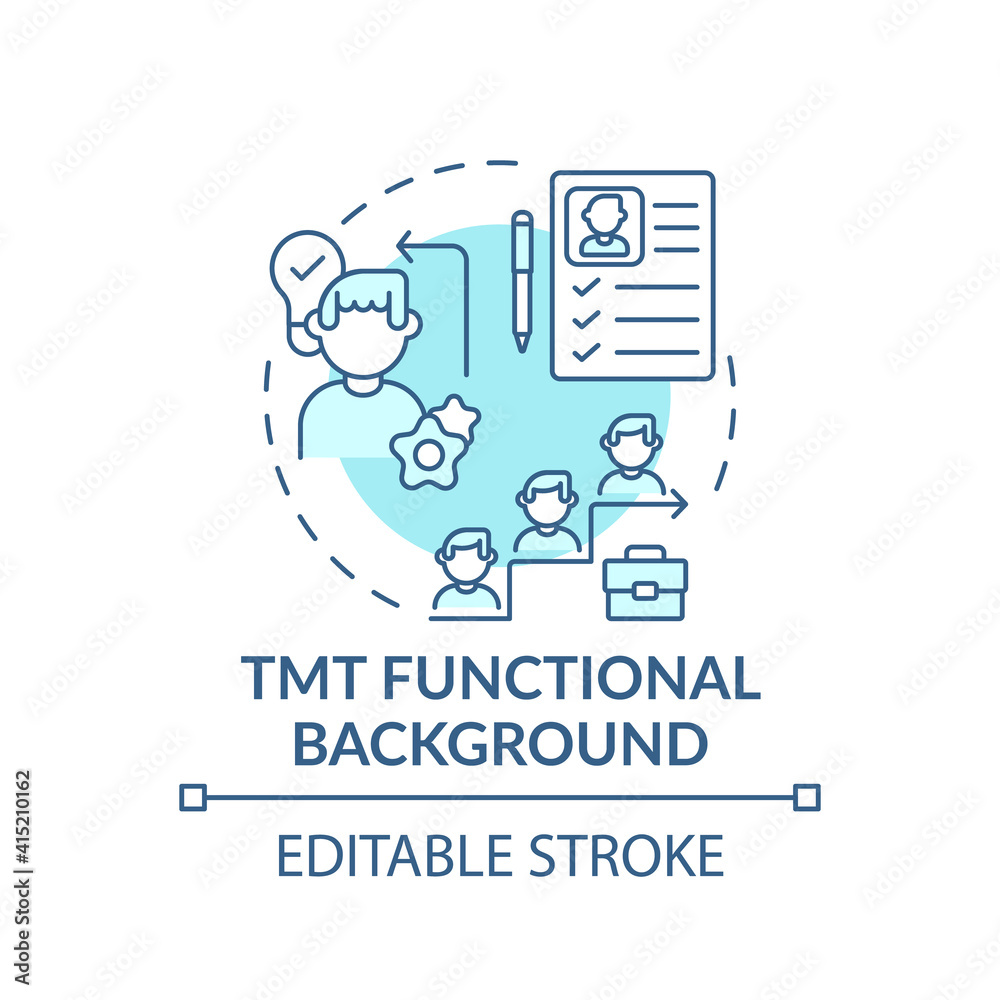 Tmt functional background concept icon. Top management team analysis criteria. Experience from work place. Job idea thin line illustration. Vector isolated outline RGB color drawing. Editable stroke Tmt functional background concept icon. Top management team analysis criteria. Experience from work place. Job idea thin line illustration. Vector isolated outline RGB color drawing. Editable stroke