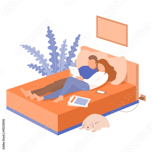 Young married couple are relaxing on the couch and reading from a tablet. A dog lies nearby. Cozy home room. Vector flat illustration