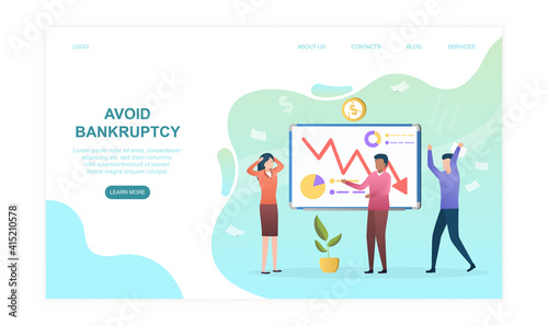Male and female business partners suffering from bankruptcy. Group of people standing near board with infographics. Website, web page, landing page template. Flat cartoon vector illustration