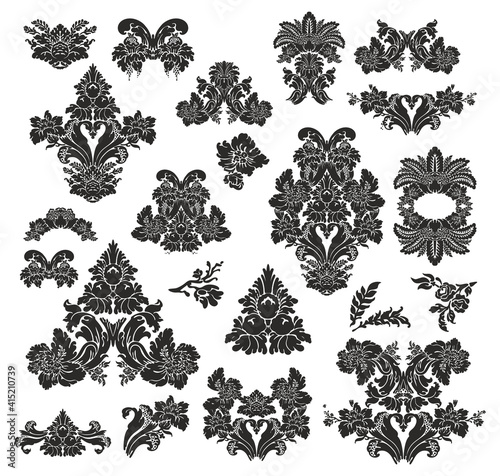 Set of floral ornate classic antique rococo style vintage ornaments, luxurious boho textile vector pattern elements in deep purple, pink, rose and soft green colors for custom print and design