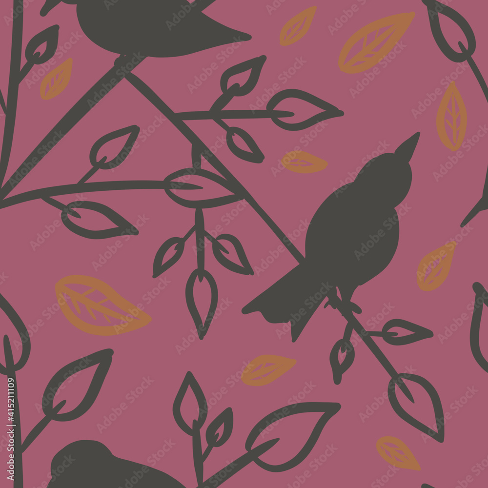 Fototapeta premium Seamless pattern with outline gray birds sitting on tree branches across leaves on pink background. Linen, bedding, textile, fabric, print, packaging, stationery design