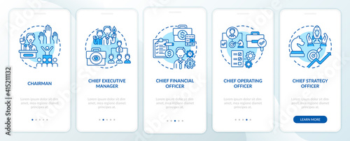 Top management positions onboarding mobile app page screen with concepts. Chief financial officer walkthrough 5 steps graphic instructions. UI vector template with RGB color illustrations