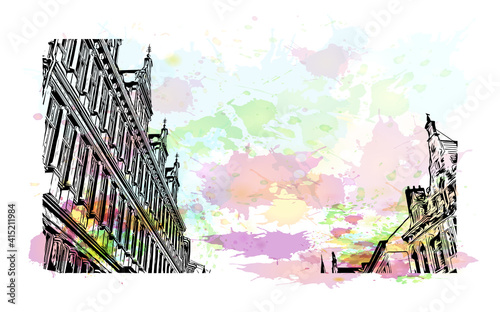 Building view with landmark of Ghent is a port city in northwest Belgium. Watercolour splash with hand drawn sketch illustration in vector.