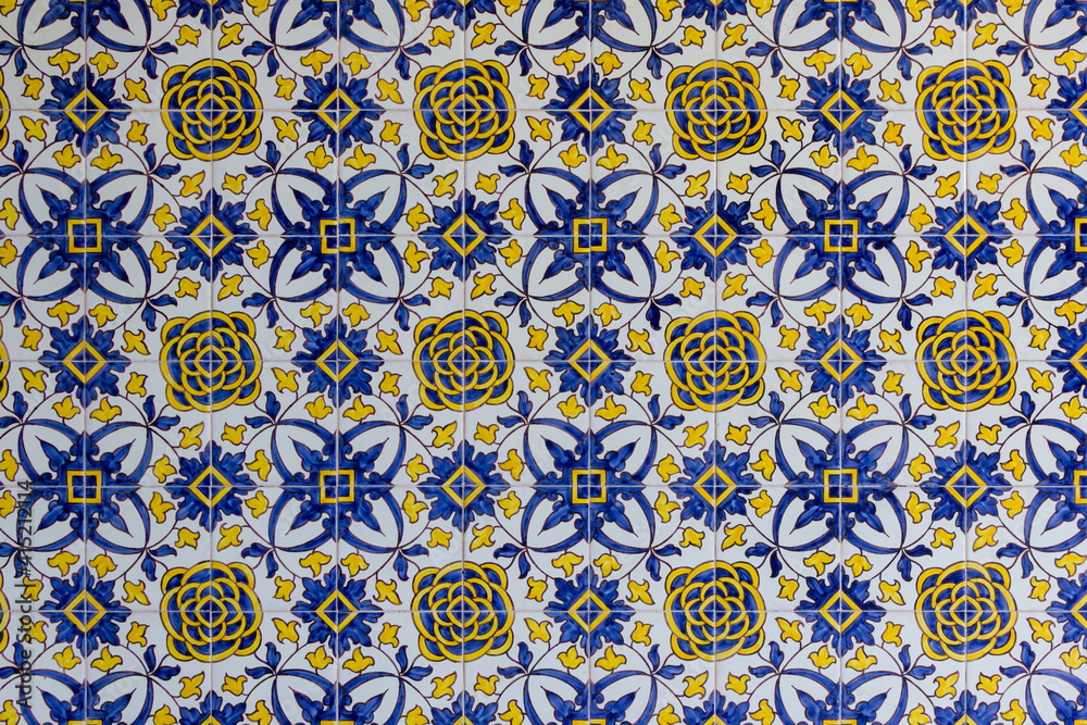 blue and yellow handmade tiles with floral pattern on facade in lisbon blue and yellow handmade tiles with floral pattern on facade in lisbon