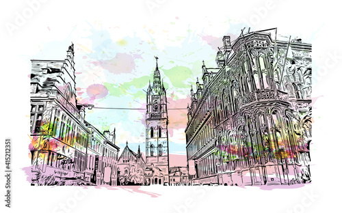 Building view with landmark of Ghent is a port city in northwest Belgium. Watercolour splash with hand drawn sketch illustration in vector.