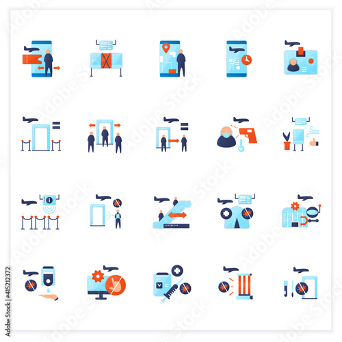 Airport new normal flat icons set. Consists of airport robotizing, biometric id, handwashing stations. Safe rules concepts.3d vector illustrations