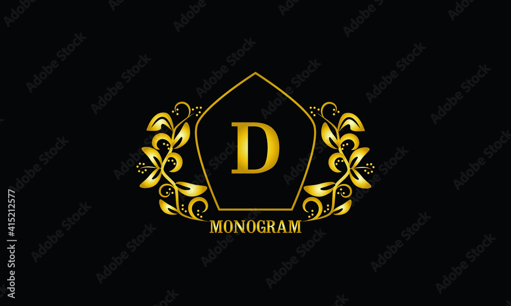 Decorative, golden graceful monogram with initials D. Heraldic logo symbol with exclusive elements of calligraphic design. Vector business sign, identity for hotel, restaurant, jewelry. Decorative, golden graceful monogram with initials D. Heraldic logo symbol with exclusive elements of calligraphic design. Vector business sign, identity for hotel, restaurant, jewelry.