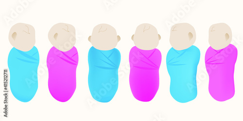 Illustration of babies in many lying posture. babies in pink and blue sky wrap.