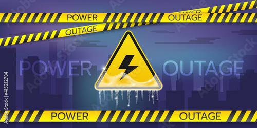 Power outage web banner with warning sign covered with ice, safety tapes, and night city without electricity.