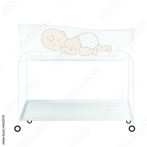 Illustration of baby lying in newborn baby crib.