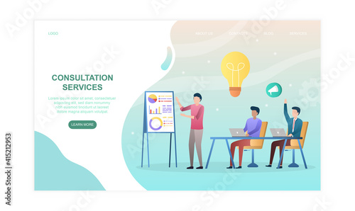 Male characters sitting in class studying business. Concept of professional business mentoring and consultation service. Website, web page, landing page template. Flat cartoon vector illustration