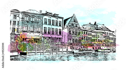 Building view with landmark of Ghent is a port city in northwest Belgium. Watercolour splash with hand drawn sketch illustration in vector.
