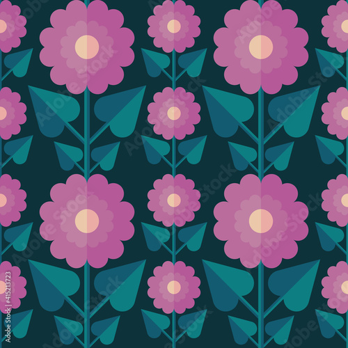 Decorative background design. Flowers and leaves mid-century modern vector artwork. Abstract geometric seamless pattern. Decoration floral ornament in retro vintage design style. 