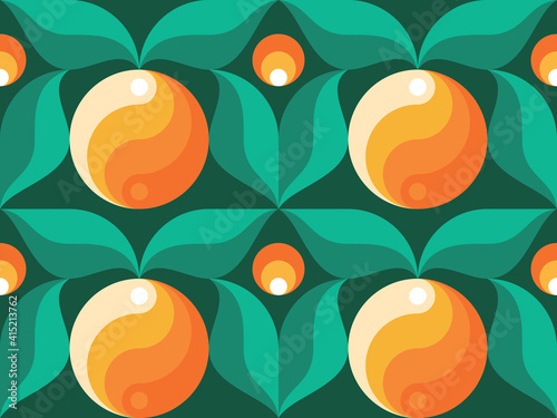 Background fruits and green leaves nature. Abstract geometric seamless pattern. Decorative ornament in flat design style. Ripe harvest banner. Floral backdrop. Organic vegetables product. 