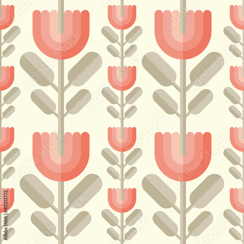 Decorative background design. Flowers and leaves mid-century modern vector artwork. Abstract geometric seamless pattern. Decoration floral ornament in retro vintage design style. 