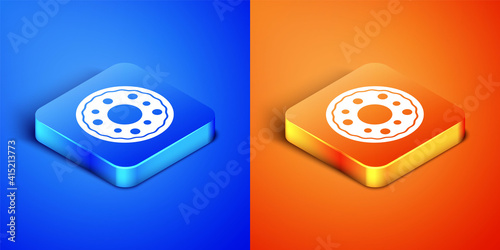 Isometric Donut with sweet glaze icon isolated on blue and orange background. Square button. Vector.