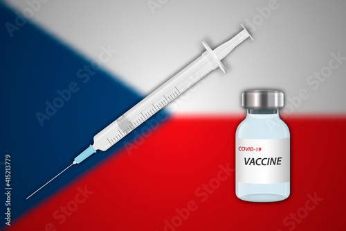 Syringe and vaccine vial on blur background with Czech Republic flag