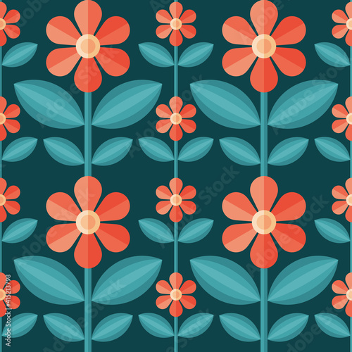 Decorative background design. Flowers and leaves mid-century modern vector artwork. Abstract geometric seamless pattern. Decoration floral ornament in retro vintage design style. 