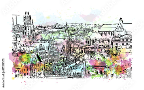 Building view with landmark of Ghent is a port city in northwest Belgium. Watercolour splash with hand drawn sketch illustration in vector.