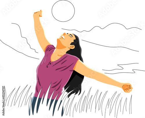 relaxed woman breathing fresh air outdoor
