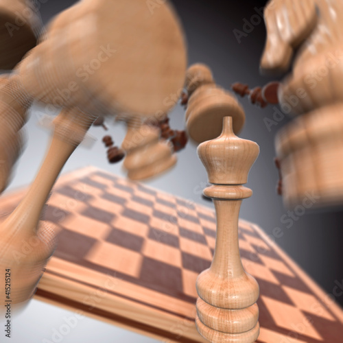 Print op canvas Wooden chess board being thrown with the pieces moving through the air after los