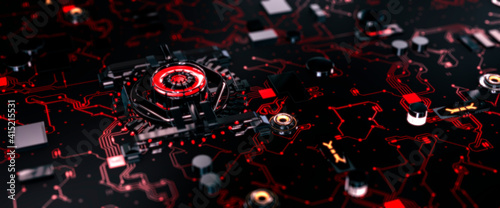 Futuristic style circuit board with illuminated processor infected by a red virus concept 3d render