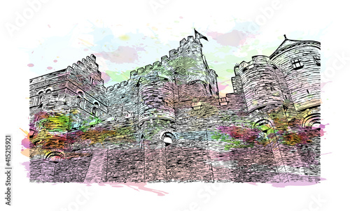 Building view with landmark of Ghent is a port city in northwest Belgium. Watercolour splash with hand drawn sketch illustration in vector.