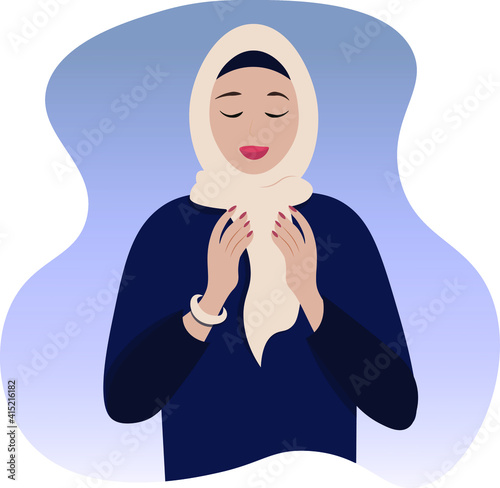 Beautiful arabic muslim girl or woman praying or making dua, wearing stylish hijab and abaya, islamic prayer for Allah while holy month of Ramadan