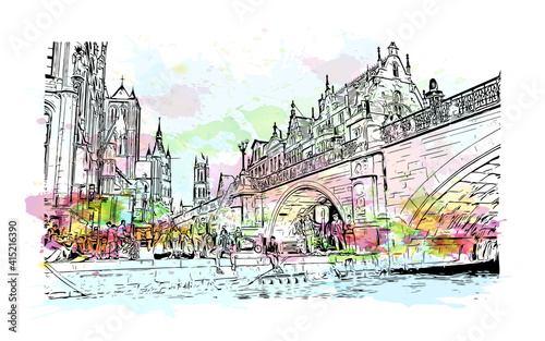 Building view with landmark of Ghent is a port city in northwest Belgium. Watercolour splash with hand drawn sketch illustration in vector.