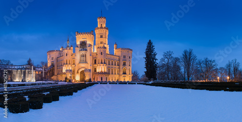Winter view of Famous Czech castle Hluboka nad Vltavou, medieval building with beautiful park, travel outdoor european background. 