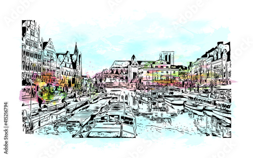 Building view with landmark of Ghent is a port city in northwest Belgium. Watercolour splash with hand drawn sketch illustration in vector.