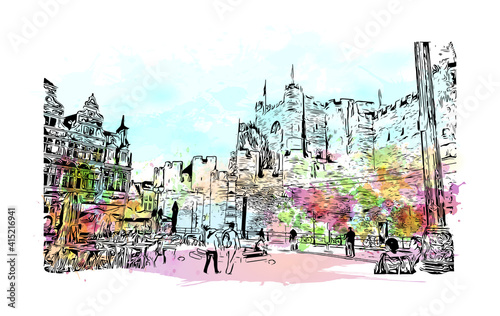 Building view with landmark of Ghent is a port city in northwest Belgium. Watercolour splash with hand drawn sketch illustration in vector.
