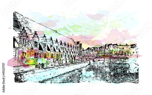 Building view with landmark of Ghent is a port city in northwest Belgium. Watercolour splash with hand drawn sketch illustration in vector.