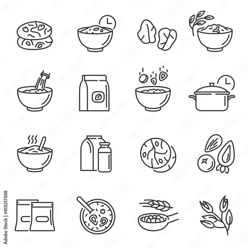 Oatmeal, cookies thin line icons set isolated on white. Cereal, milk, bowl, packaging pictograms.