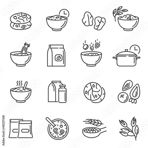 Oatmeal, cookies thin line icons set isolated on white. Cereal, milk, bowl, packaging pictograms.
