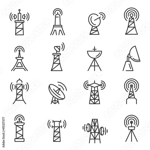 Radio towers, masts thin line icons set isolated on white. Satellite antenna, dish outline pictograms.