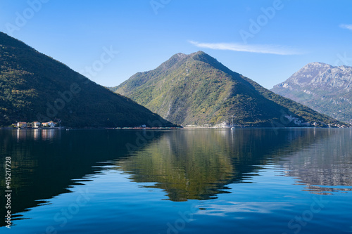 Donji Stoliv, Boka Kotorska bay, Montenegro. Seashore view with mountains